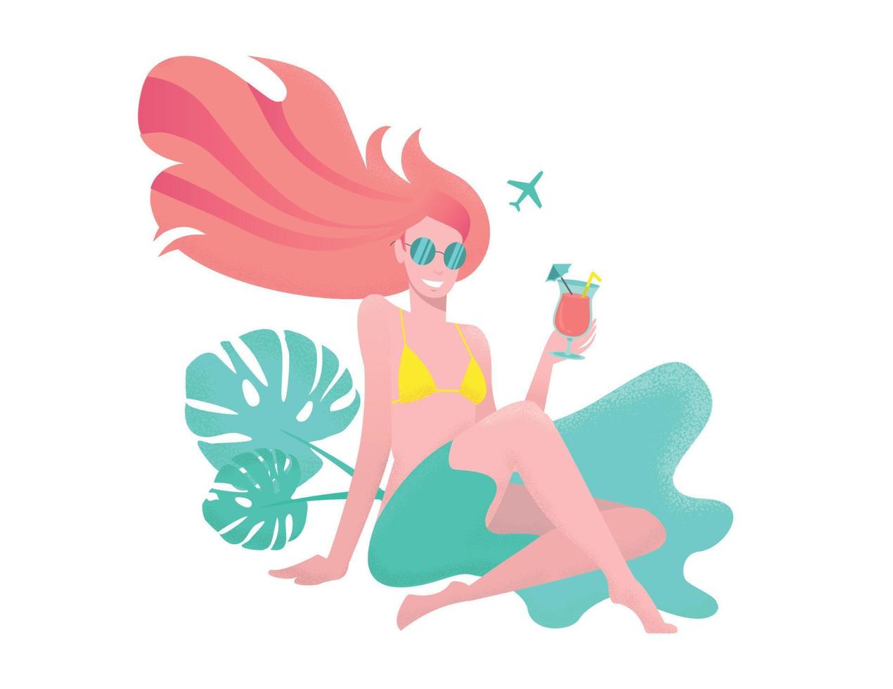 Girl with flowing red hair sits on sand with legs crossed and drinks tropical cocktail against backdrop of the palm leaves of Monsterra.Modern flat vector illustration with textures in cartoon style