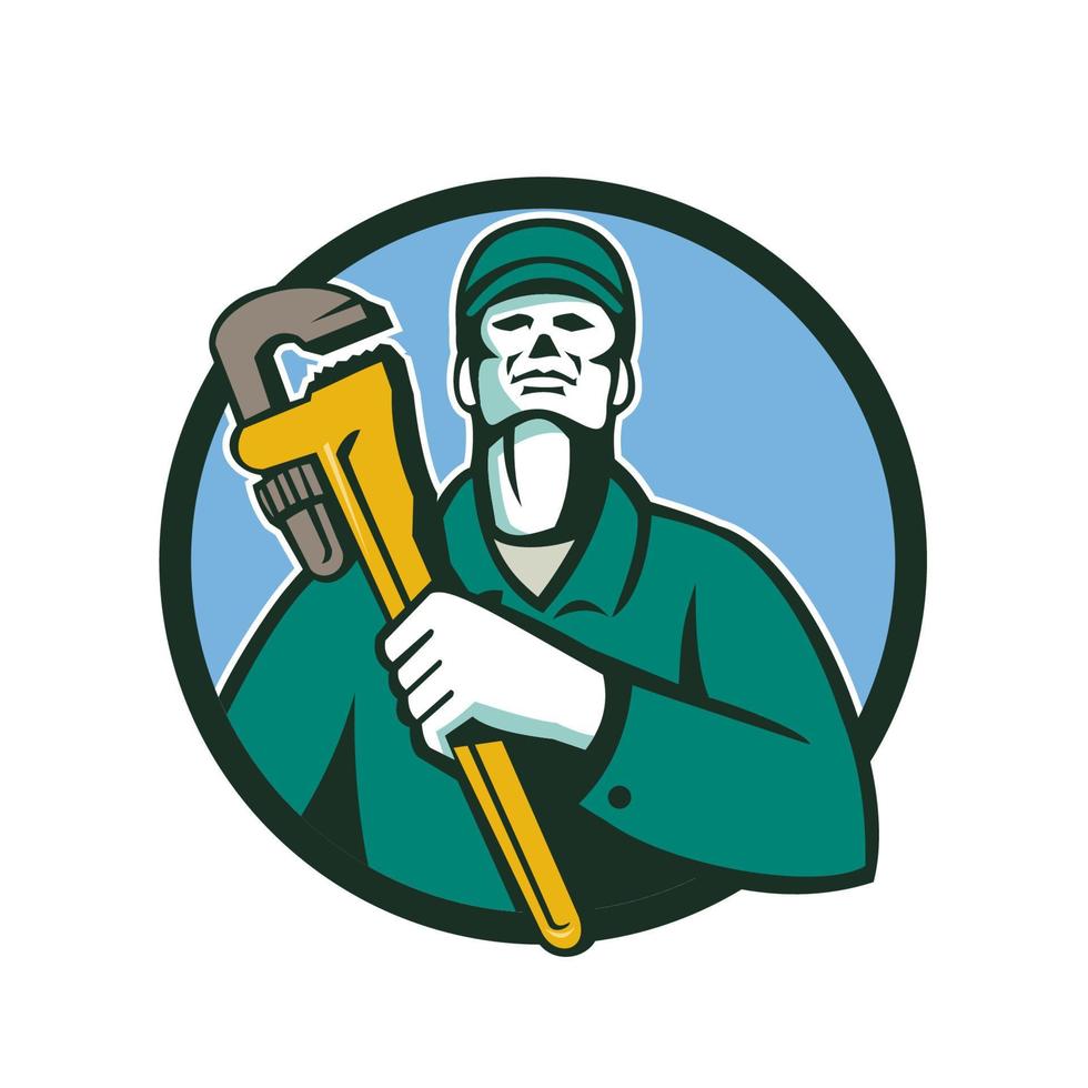 Plumber Holding Wrench Circle Retro vector