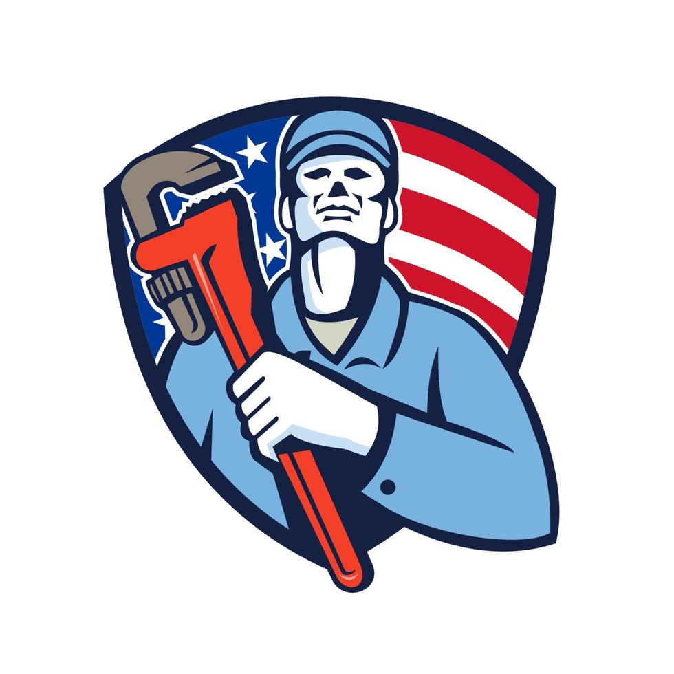 Plumber Holding Wrench USA Flag Shield Retro vector