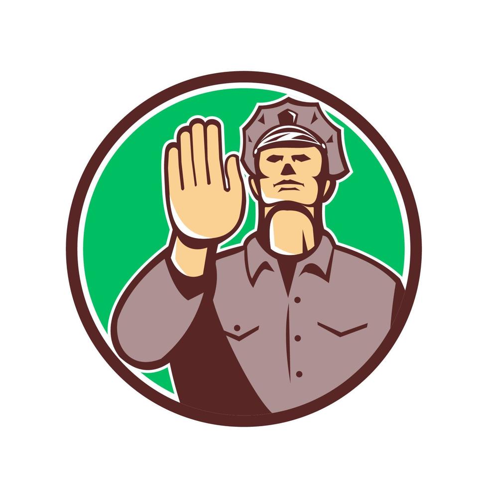 tráfico policía mano señal de stop círculo retro vector