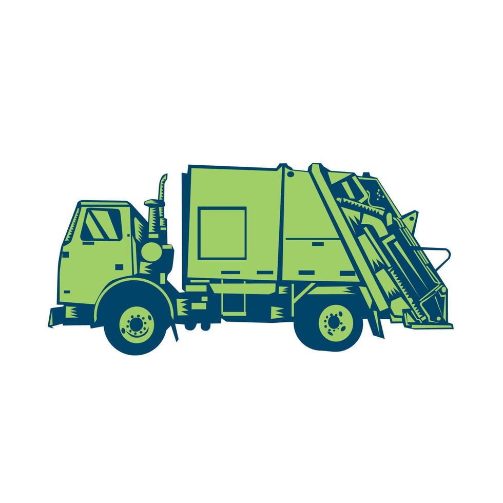 Garbage Truck Rear End Loader Side Woodcut vector
