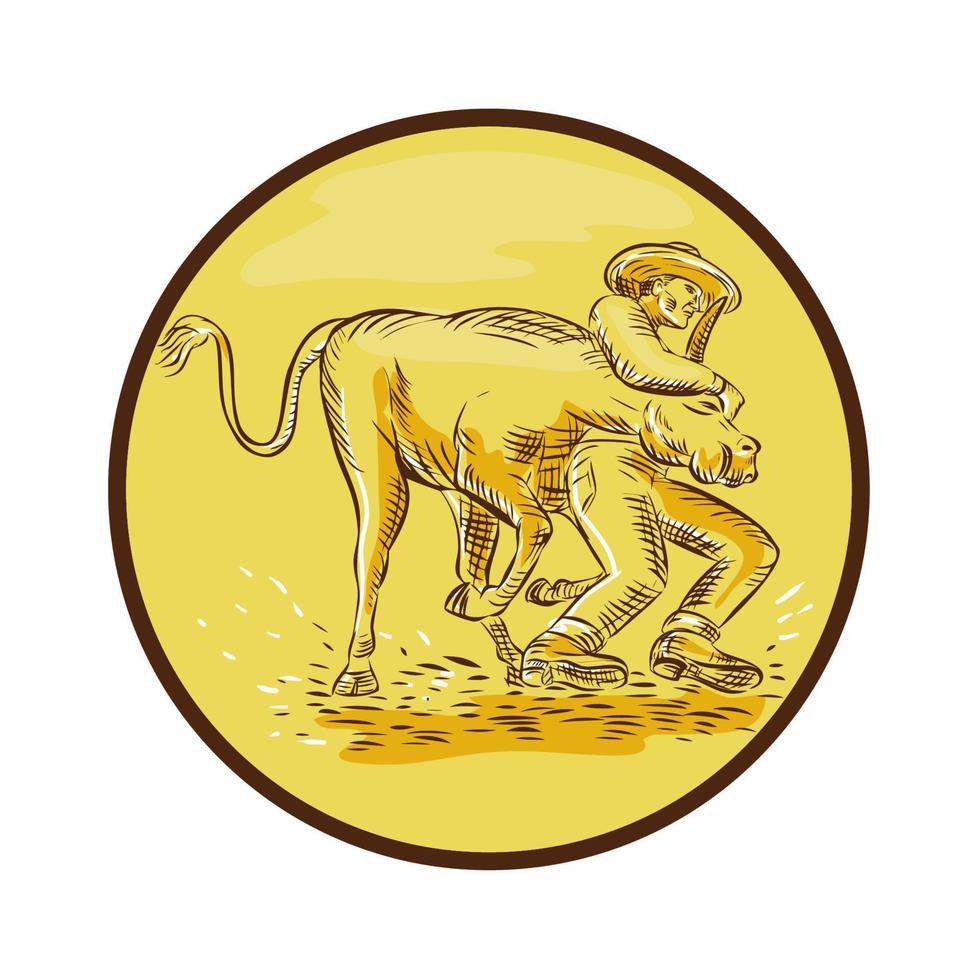 Rodeo Cowboy Steer Wrestling Circle Etching vector