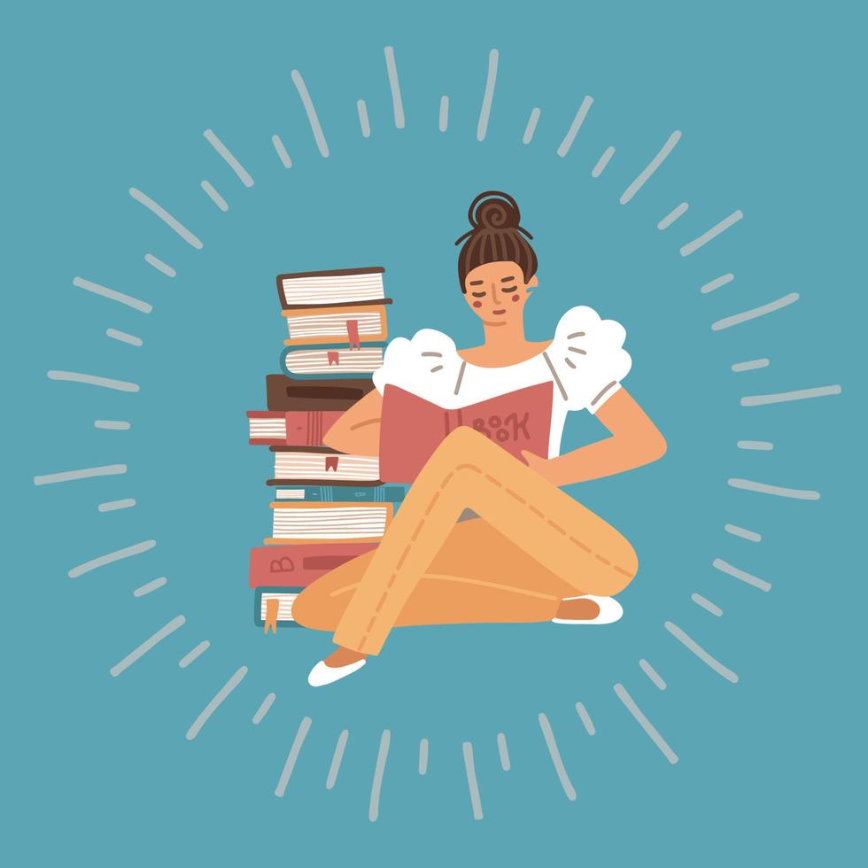 Reading woman sitting on floor with stack of books with hardcover isolated on blue background with rays. Hand drawn studying or relaxing young girl. Flat cartoon Vector illustration