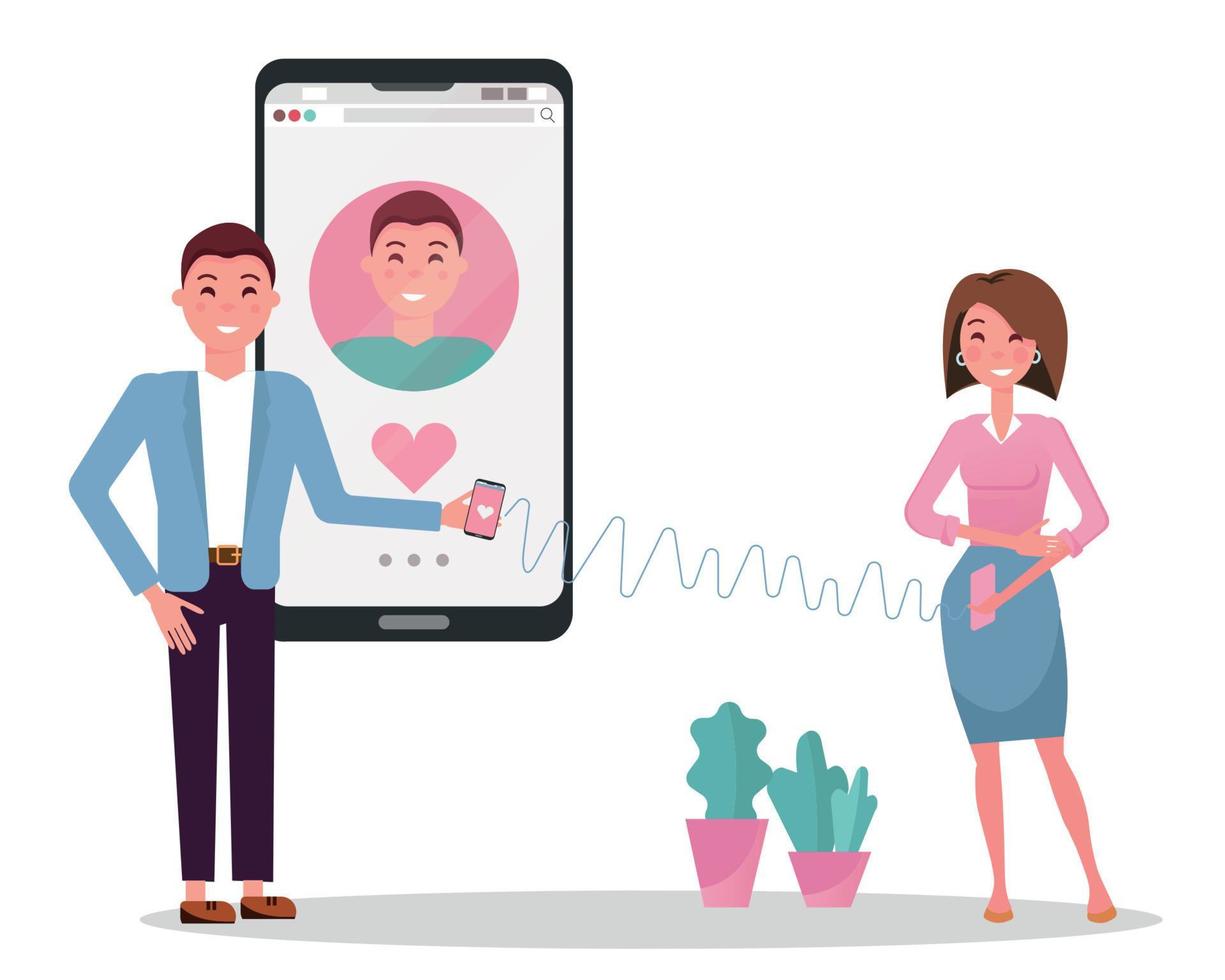 Online dating app users. Man and woman acquaintance in social network. Girl is in love with a man from dating site. Guy stands next to big smartphone with his web profile on screen.Flat cartoon vector