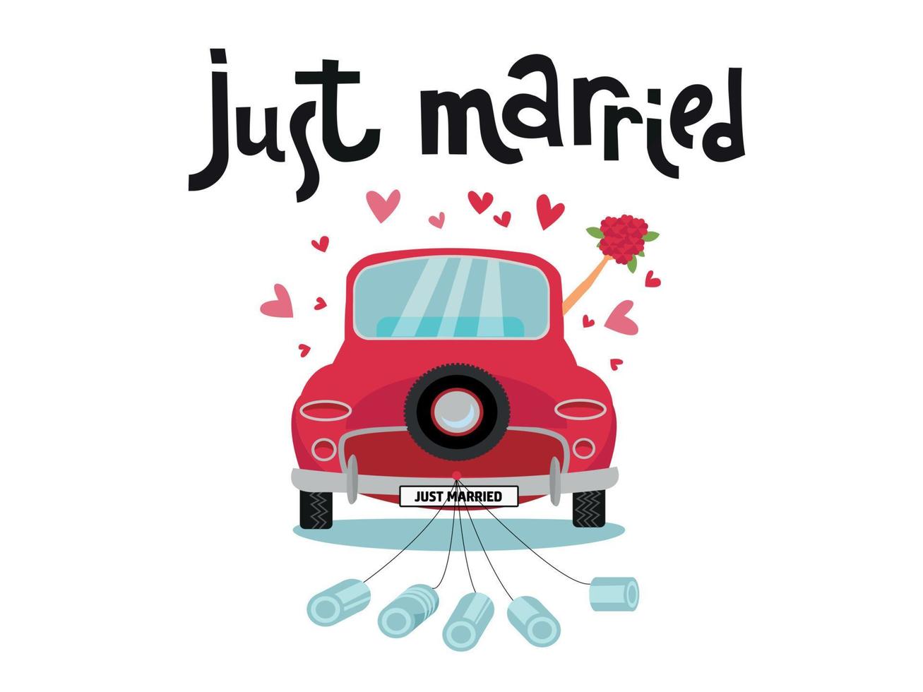 Newlywed couple is driving a vintage convertible car for their honeymoon with just married sign and cans attached. Just married red car with the bride and groom. Vector flat cartoon illustration