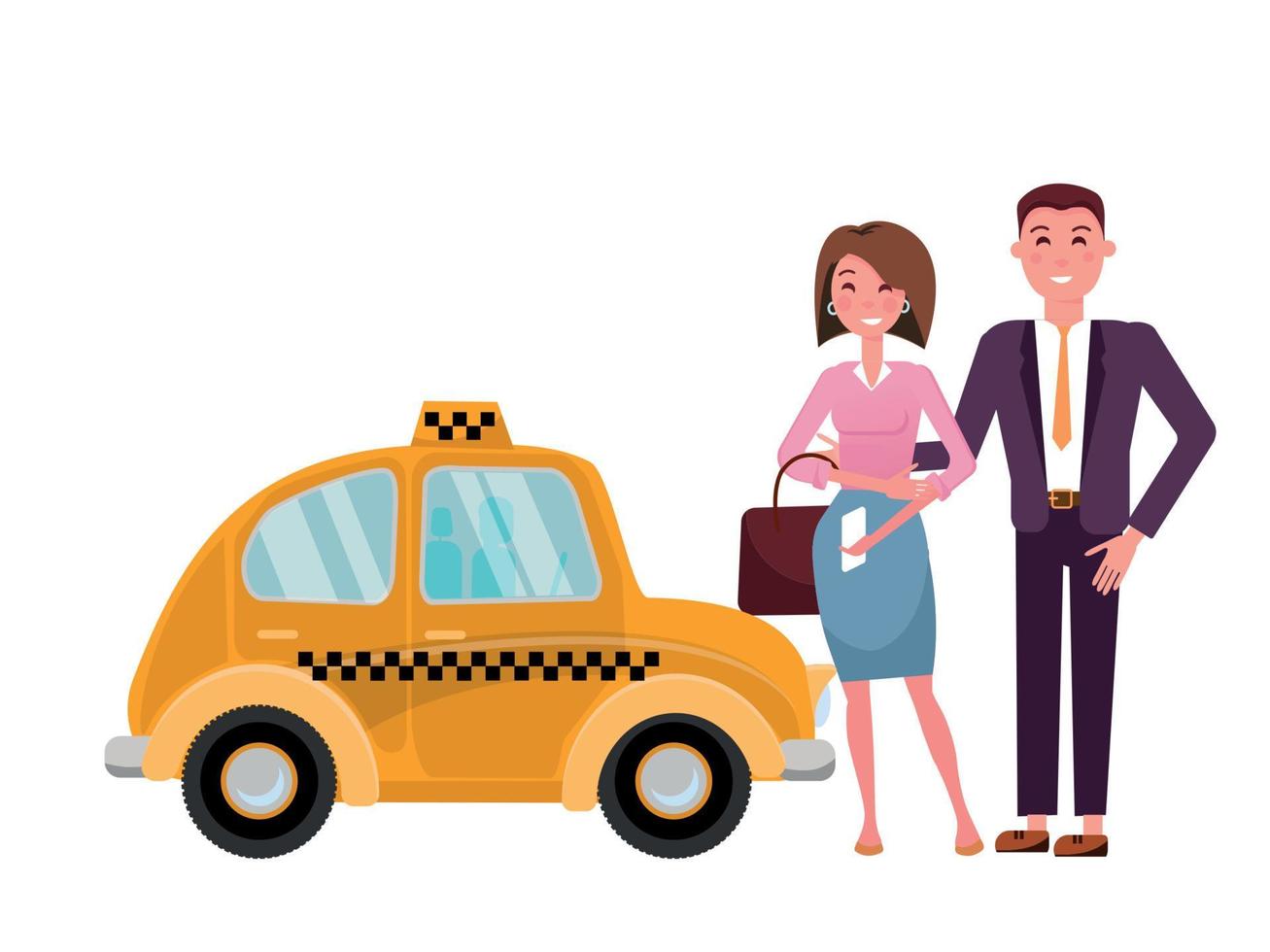 Beautiful married couple next to a cute yellow taxi. Business man in suit and elegant lady called a taxi with a mobile phone. Side view. Isolated Vector flat cartoon illustration on white background