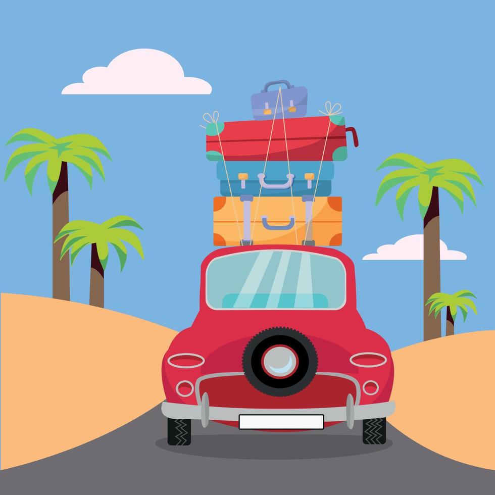 viajando en auto rojo con una pila de bolsas de equipaje en el techo cerca de la playa con palmeras. turismo de verano, viajes, viaje. ilustración vectorial de dibujos animados plana. vista trasera del coche con un montón de maletas y equipaje vector