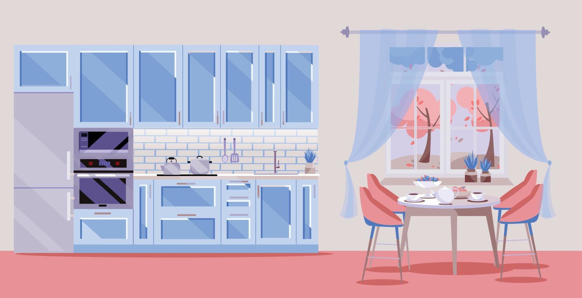 ilustración plana conjunto de cocina azul sobre fondo rosa con accesorios de cocina: nevera, horno, microondas. mesa de comedor con 4 sillas junto a la ventana con cortinas transparentes, té, tetera. otoño afuera. vector