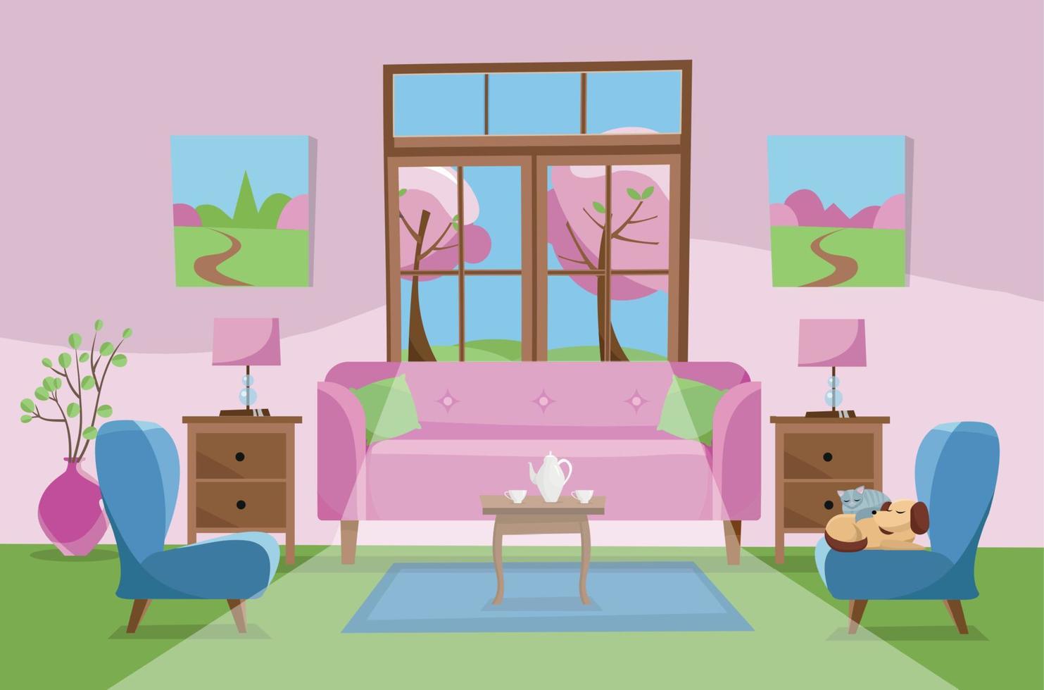 sala de estar en colores azul verde rosa. sofá rosa con mesa, mesita de noche, cuadros, lámparas, moqueta, juego de porcelana, sillas mullidas en la habitación con ventana grande. fuera de los árboles de flores de primavera. vector de dibujos animados plana