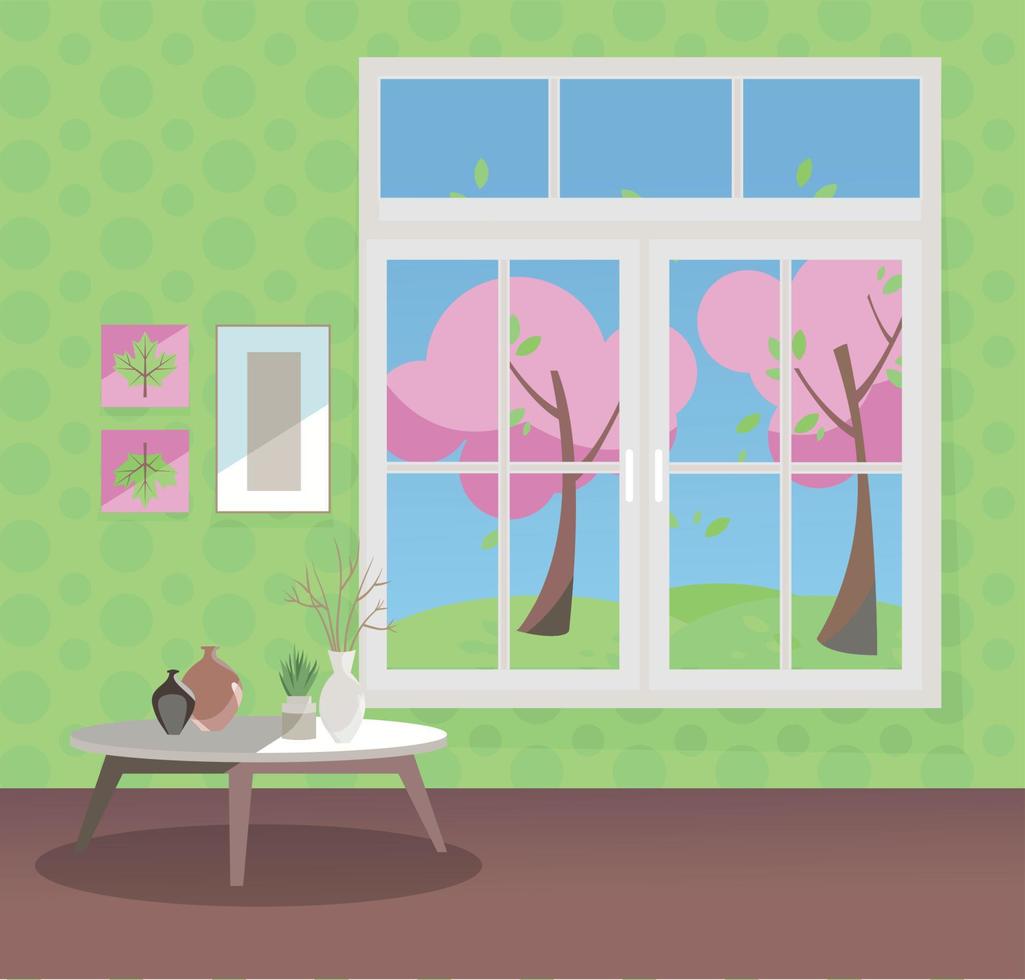 Window with a view of pink blooming trees. Spring living room interior with coffee table, vases, pictures on green wallpaper. Sunny good weather outside. Flat cartoon style vector illustration.