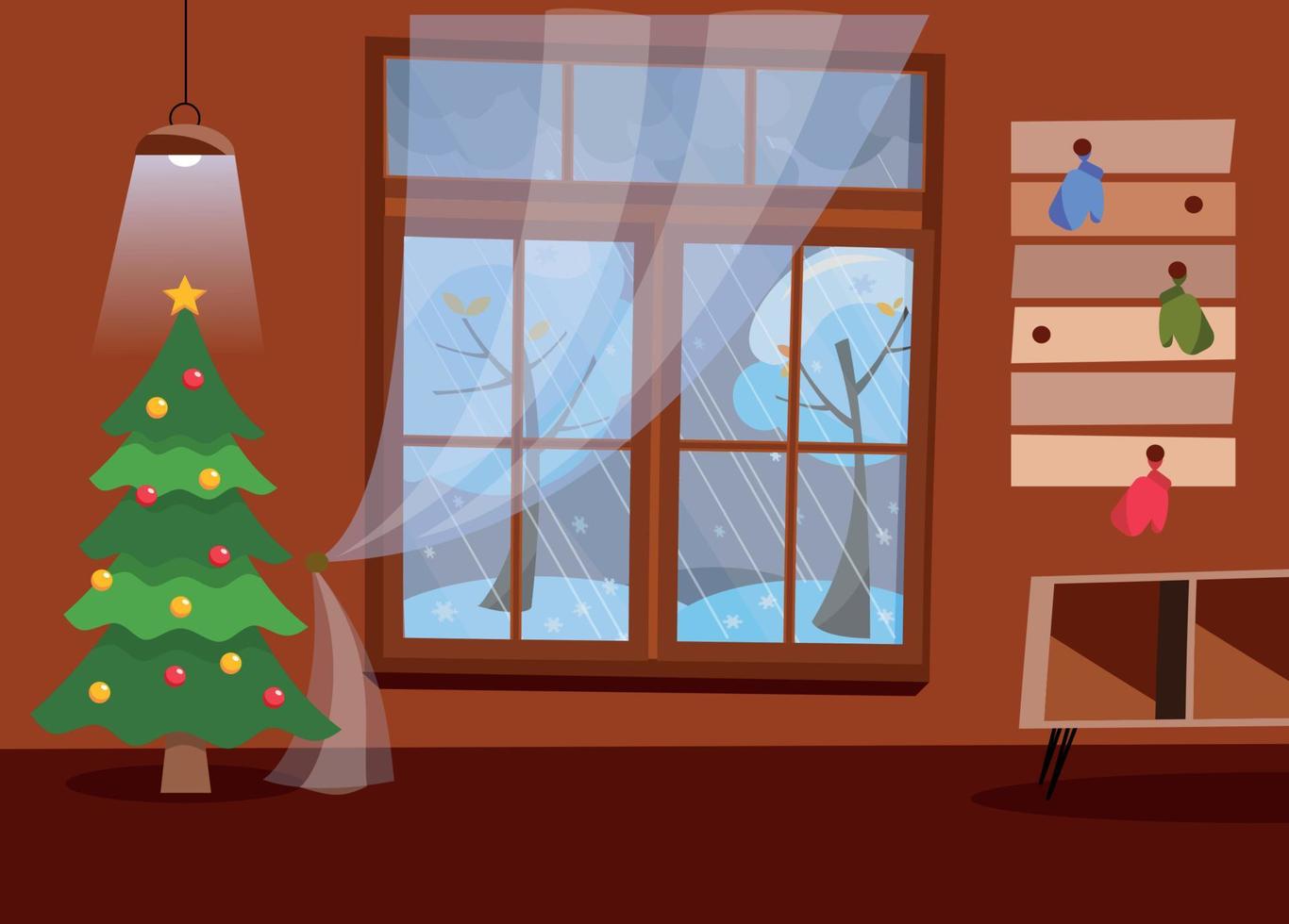 The interior of hallway in brown tones with large window overlooking winter landscape and snowy trees. In the room there is table, hanger, mittens, Christmas tree, ceiling light. Flat cartoon vector