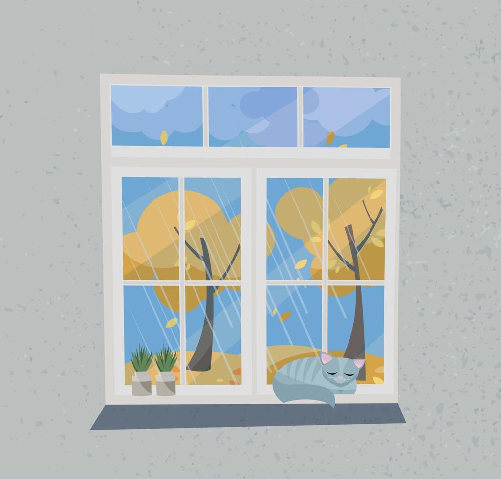 vista de otoño desde la ventana. ventana blanca cerrada con vistas al verano indio, follaje volador, árboles amarillos. en el alféizar de la ventana plantas en macetas y gato dormido. ilustración de vector de estilo de dibujos animados plana.