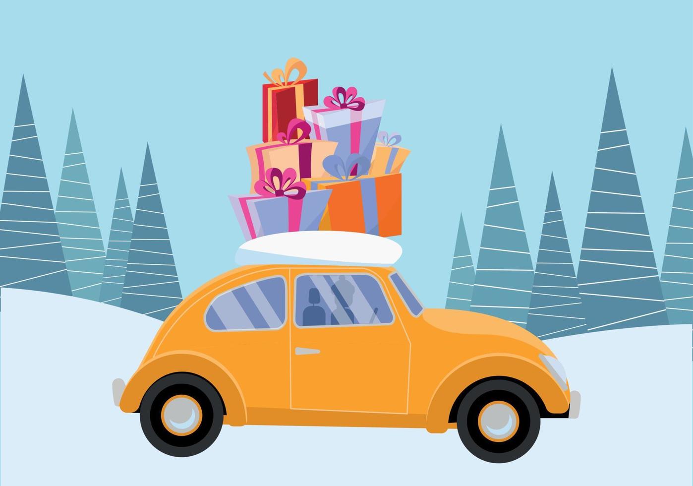 Flat vector cartoon illustration of retro car with presents, christmas tree on roof. Little yellow car carrying gift boxes. Vehicle car side view. Winter snowy forest .Flat cartoon style illustration.