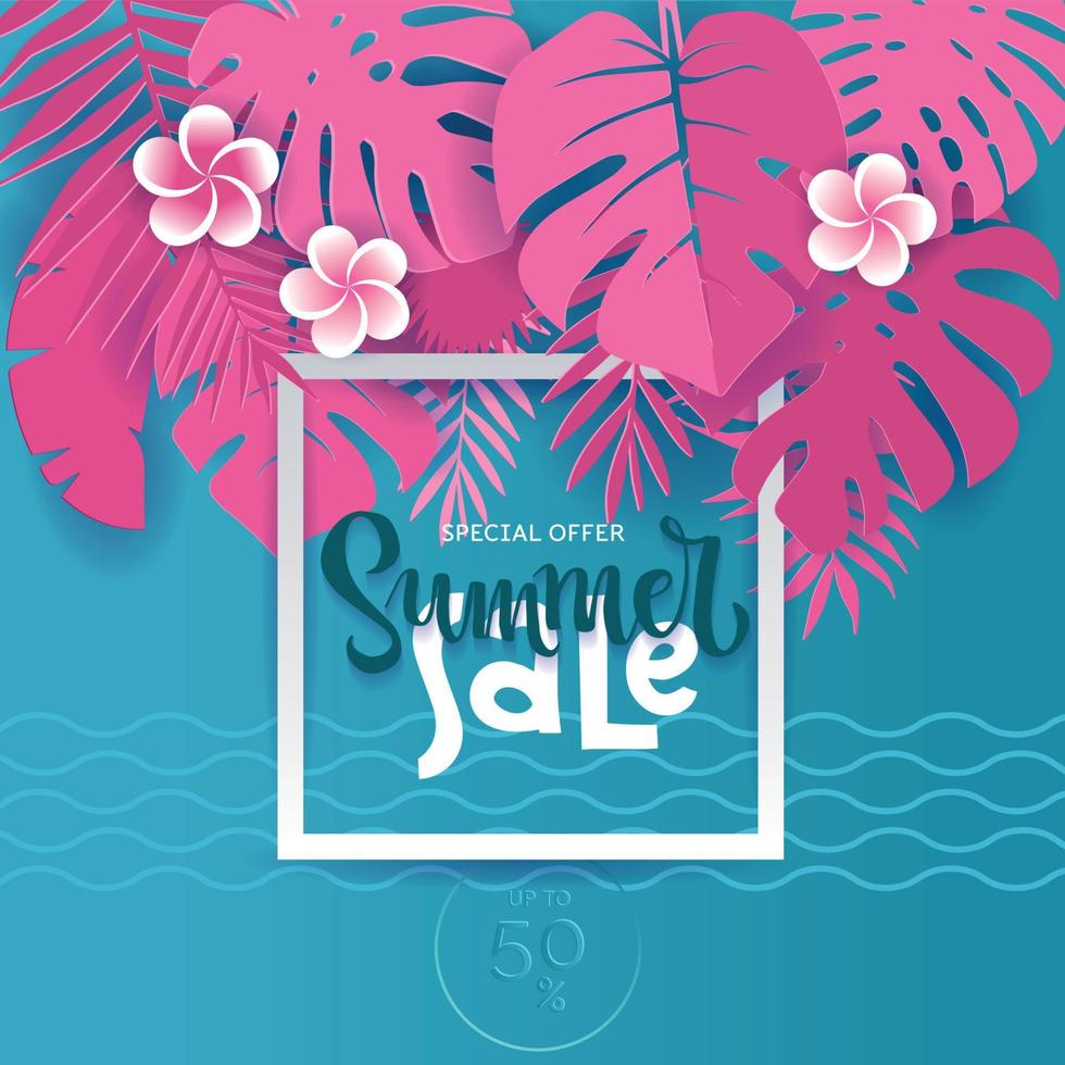 hojas de monstera de palma tropical de verano cuadrado en estilo de corte de papel trandy. marco blanco letras 3d venta de verano escondidas en hojas azules exóticas sobre fondo rosa para publicidad. ilustración de tarjeta vectorial. vector