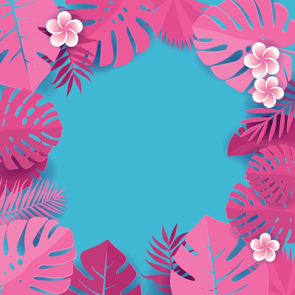 Background of pink palm leaves in blue backdrop. Frame of tropical monstera leaves with frangipani flowers. Tropical greeting card in paper cut style. jungle with palm trees, leaf vector illustration