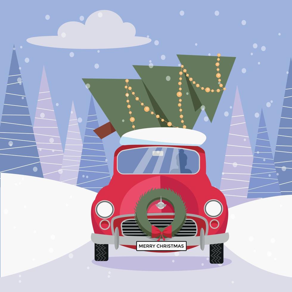 postal en estilo de dibujos animados planos con un lindo auto rojo decorado con una corona de navidad que lleva el árbol de navidad a casa. el vehículo avanza a través del bosque congelado. ilustración vectorial vector