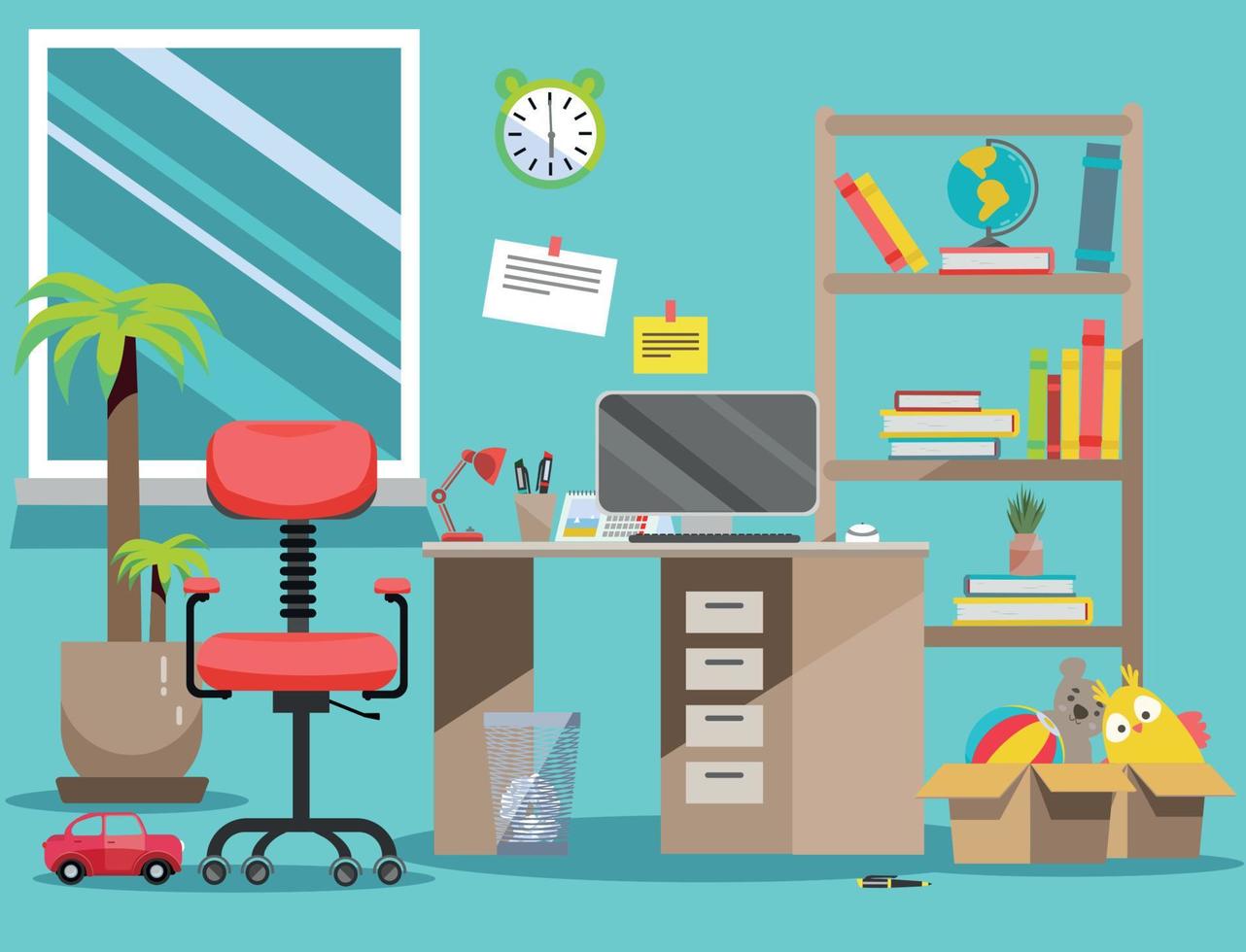 Interior nursery. Boy's room with table, computer, bookshelf,toys in boxes. Flat cartoon vector illustration.Cozy interior of children's room with toys, furniture, window. Teenager room with workplace