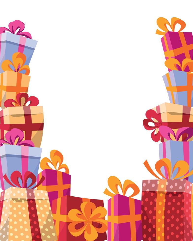 Volume style background flat illustration - mountain of gifts in bright boxes with ribbons and various textures frames from three sides empty space in center for your text. Gifts around ad. Shopping vector