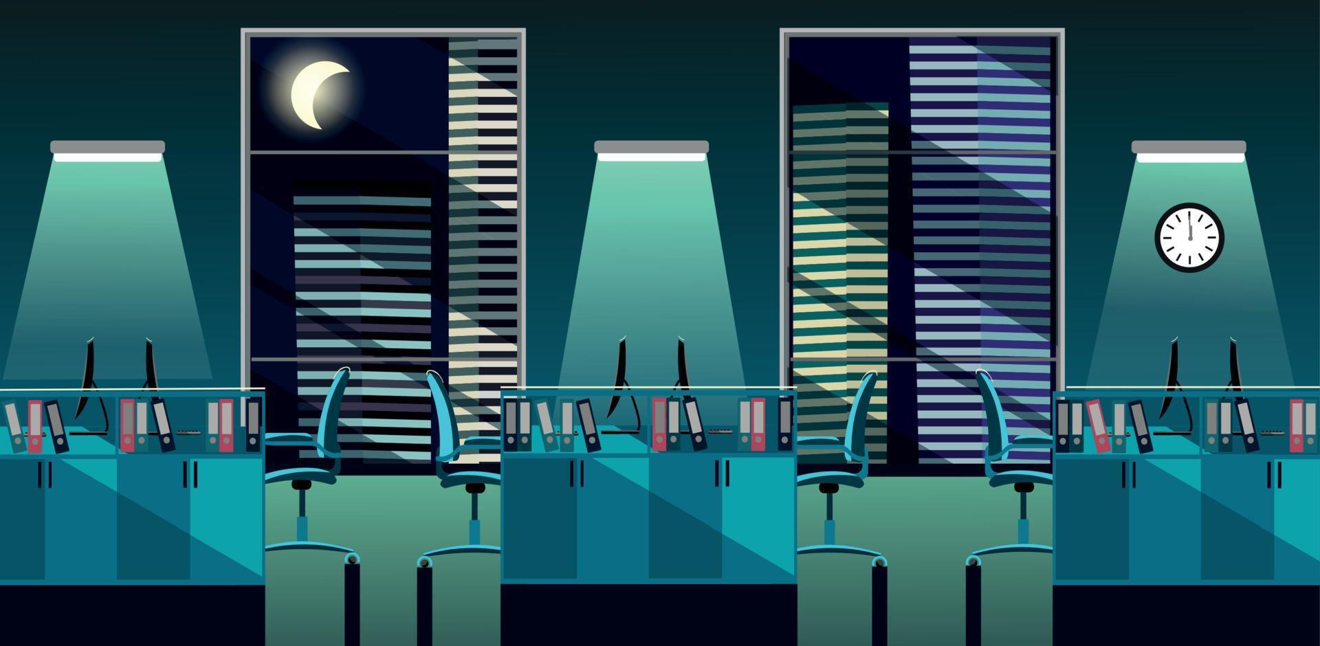 ilustración vectorial plana del interior de la sala de oficina moderna con grandes ventanales en rascacielos con mesas y pc por la noche. espacio abierto para 6 personas. orden en mesas, carpetas de documentos, luz de luna turquesa vector