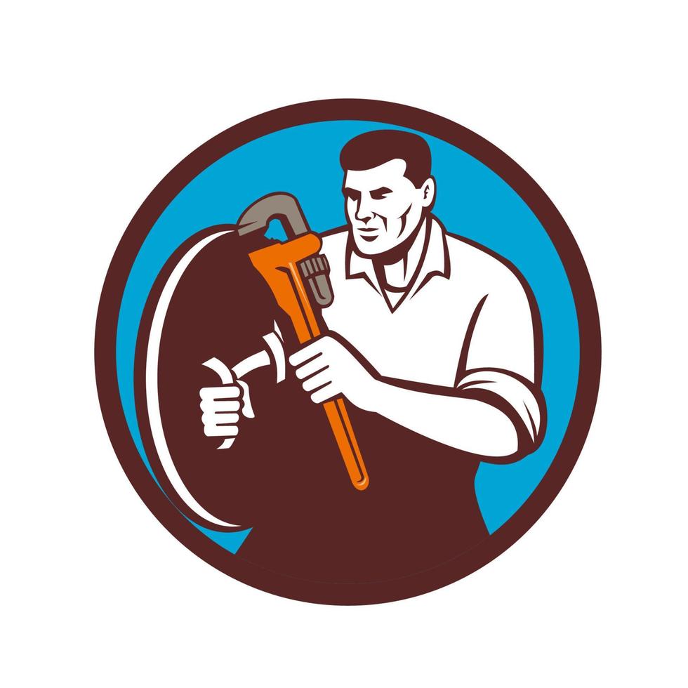 Plumber Brandishing Wrench Circle Retro vector