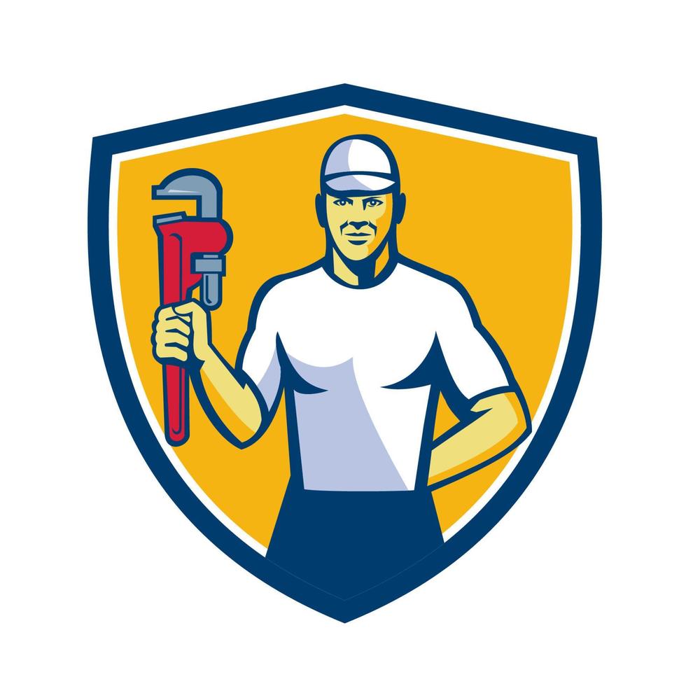 Plumber Holding Monkey Wrench Shield Retro vector