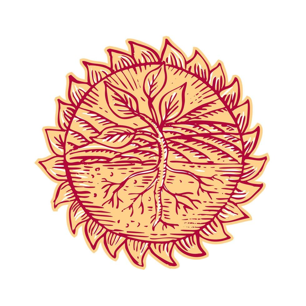 Plant Roots Field Sun Etching vector