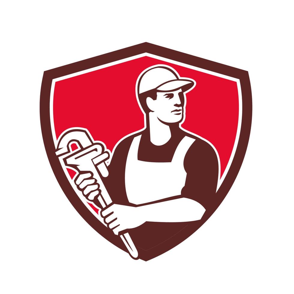 Plumber Wielding Monkey Wrench Shield Retro vector