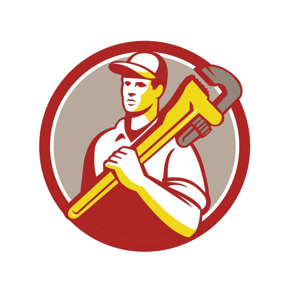 Plumber Holding Monkey Wrench Circle Retro vector