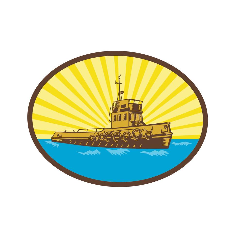 River Tugboat Oval Woodcut vector