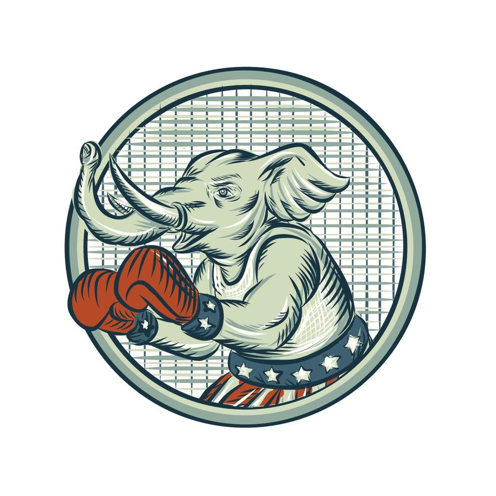 Republican Elephant Boxer Mascot Circle Etching vector