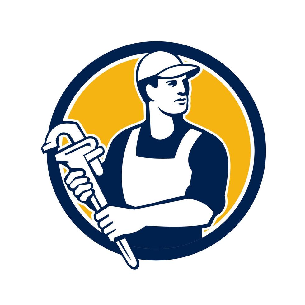 Plumber Wielding Monkey Wrench Circle Retro vector