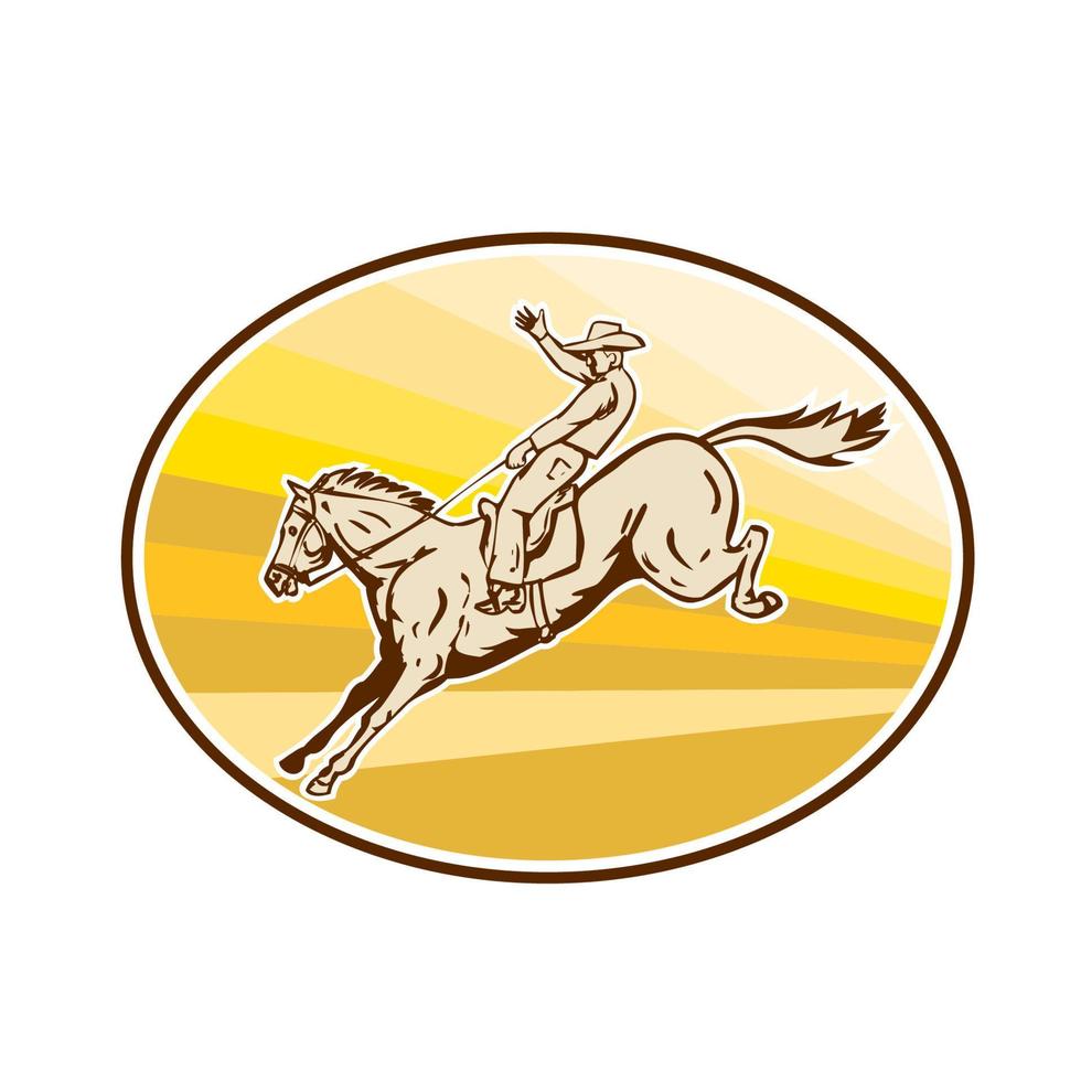 Rodeo Cowboy Riding Horse Oval Retro vector