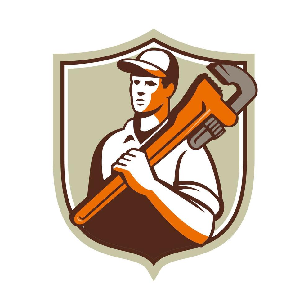 Plumber Holding Monkey Wrench Crest Retro vector