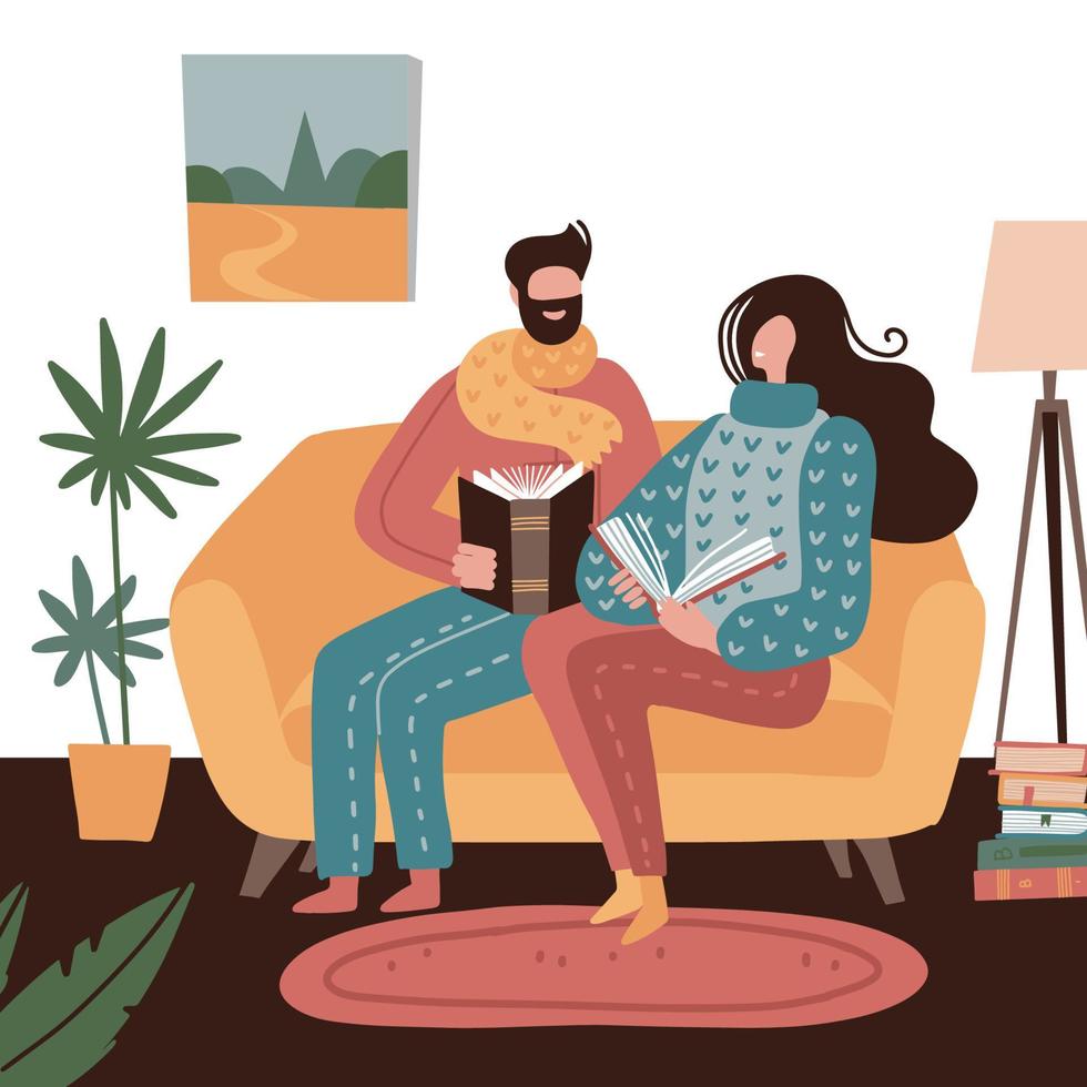 Man and woman sitting on the yellow couch with books in hand. Family couple reading. Vector flat illustration of cozy home interior.