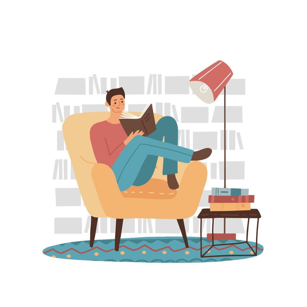 Young man reader, male student character sitting at armchair reading book with bookshelf background. Cozy home or modern library interior. Education, learning concept. Flat vector illustration.