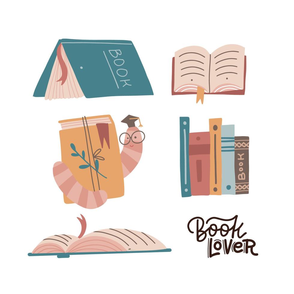 Book lover collection. Set of various books and stack of books with bookworm in glasses. Hand drawn educational flat vector illustrations in Cartoon style