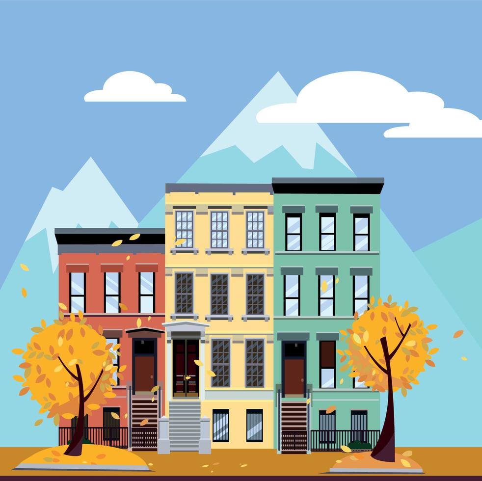 Multicolored multi-party houses at the foot of the mountains. Flat cartoon vector illustration of Autumn city landscape. Three-four-story colorful houses under clouds and blue sky. Street cityscape.