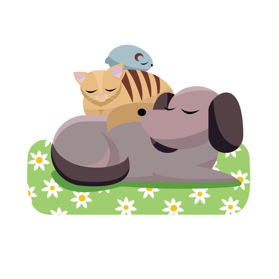 Flat cartoon vector illustration cat and chinchilla sleeps ...