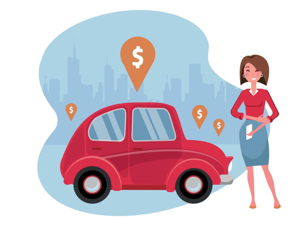 Woman requesting ride on cell phone. Rent a car using mobile app. Online carshering concept.Small cute red car on background of silhouette of city and geolocation sign.Vector flat cartoon illustration vector