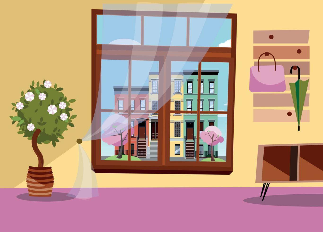 Window with view of blooming trees and street colored multi-party cozy houses.Spring brown interior with tree in tub,umbrellas on hanger. Cityscape in blossom outside.Flat cartoon vector illustration.