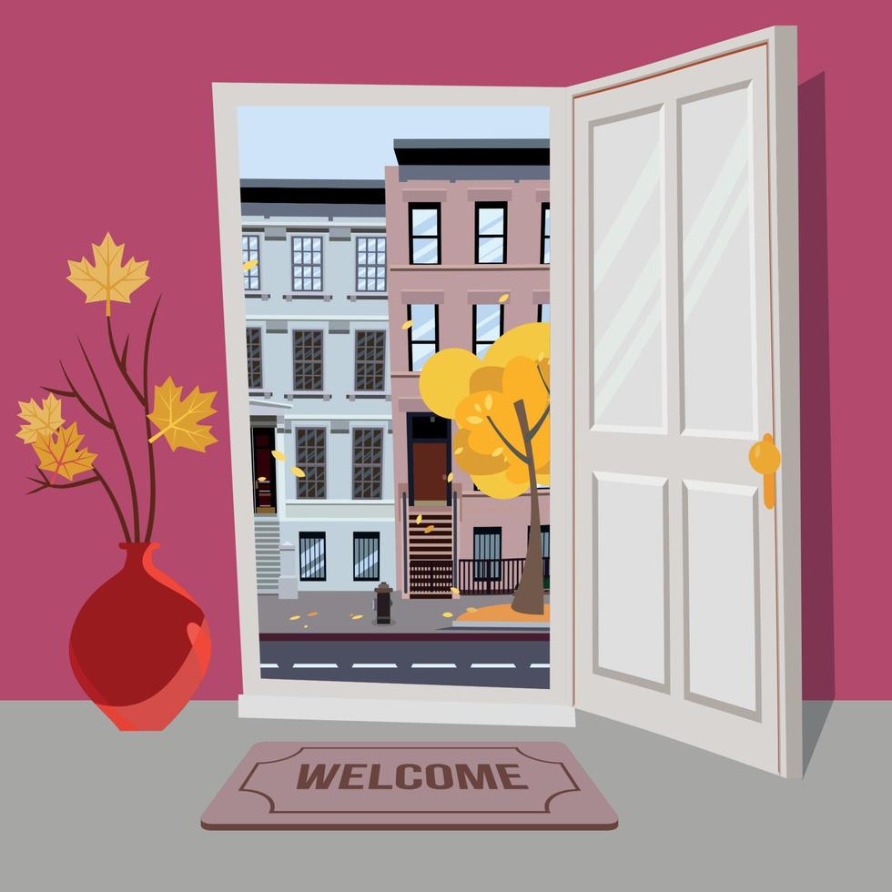 Open door into autumn city day sunny view with yellow trees. Door mat, vase with branches. Flat cartoon textured pink vector illustration. Three-four-story uneven colorful houses. Street cityscape