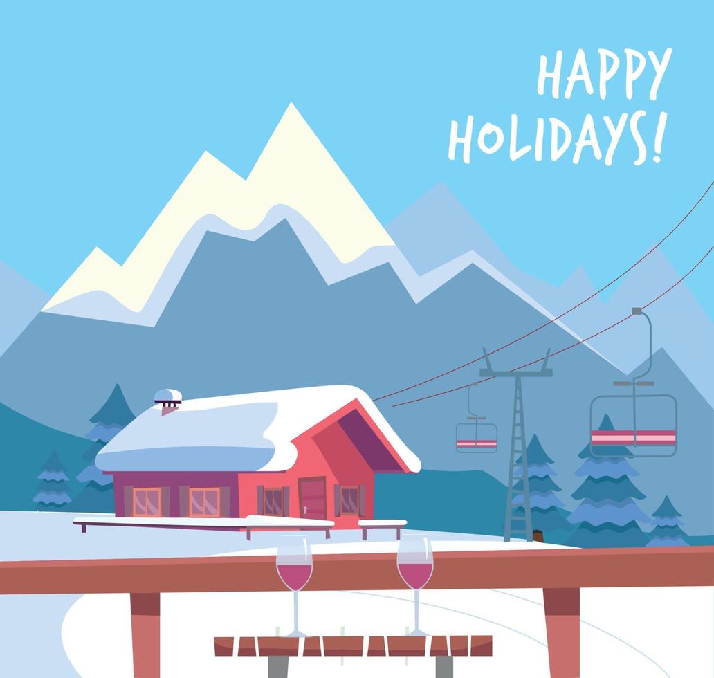 View from the ski cafe at a table with glasses of red wine. Ski resort with lift, house and winter mountains landscape. Flat cartoon style vector illustration.