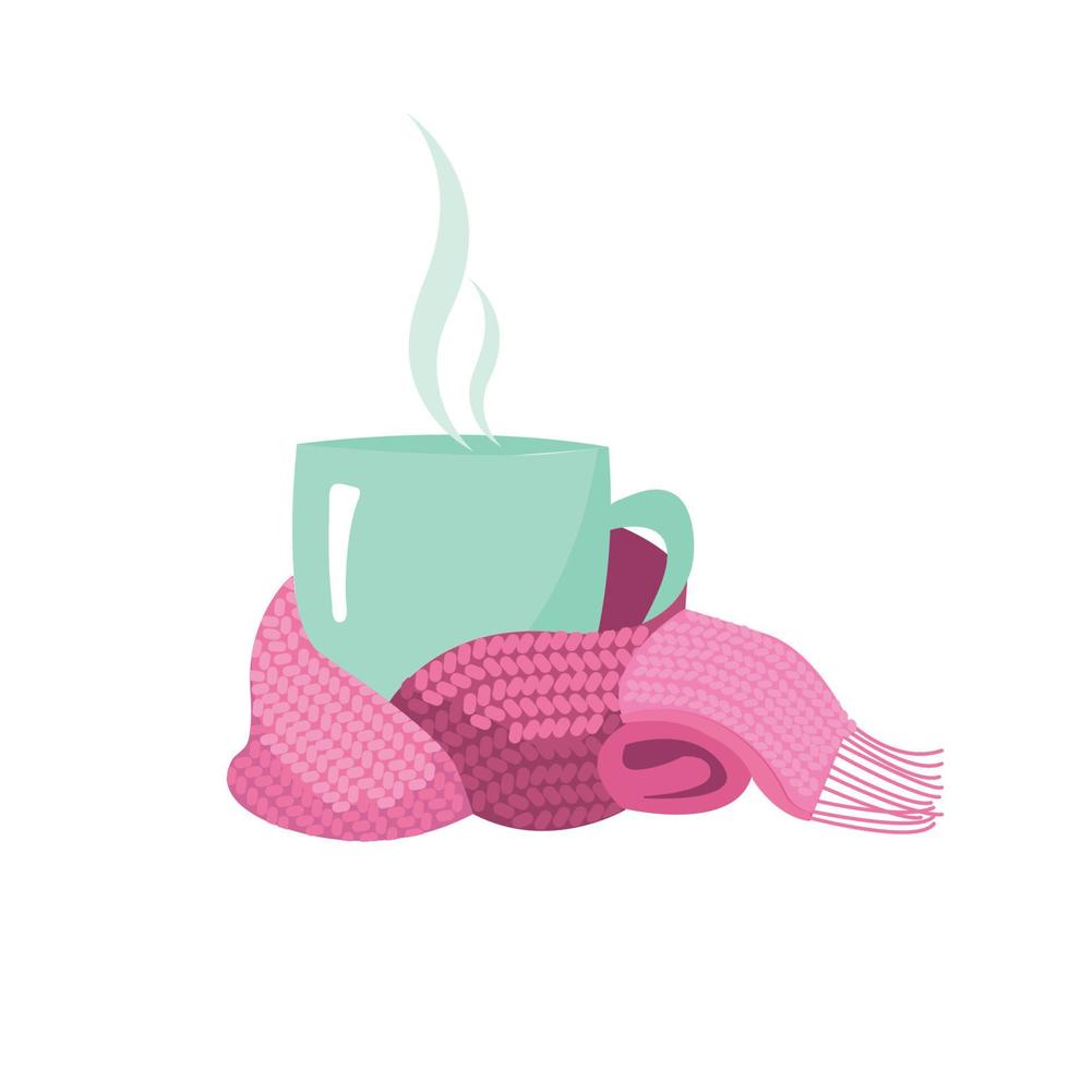 A cup in a scarf. Mug, wrapped in a knitted warm scarf. warming atmosphere for hanging out. Flat cartoon style illustration on white background. vector