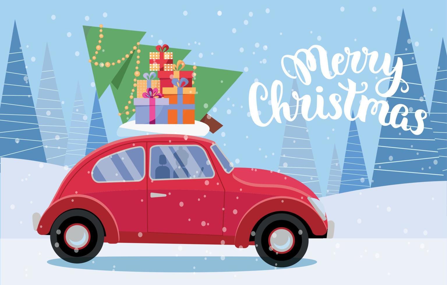 Festive postcard with lettering - retro car with presents, christmas tree on roof. Little red car carrying gift boxes.Vehicle car side view. Winter snowy forest around.Flat vector cartoon illustration