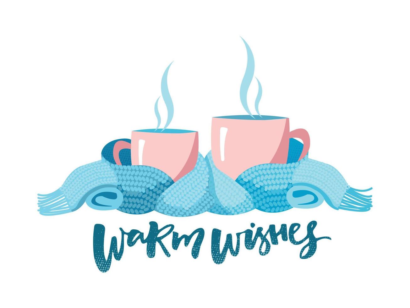 Two mugs in scarf. Cozy composition of 2 cups with lettering Warm wishes. Mugs, wrapped in a knitted warm scarf. warming atmosphere for hanging out. Flat cartoon style illustration on white background vector