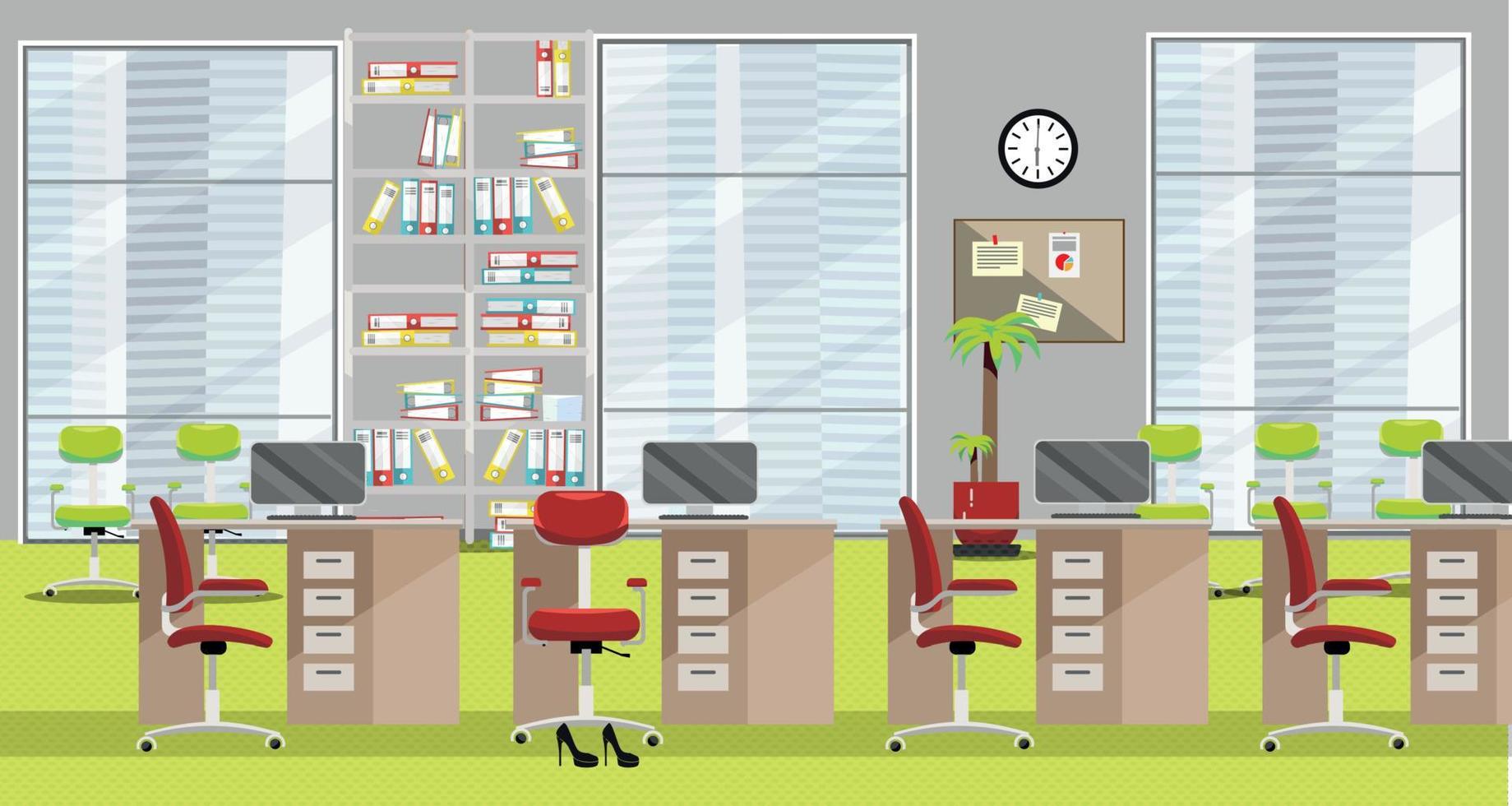 flat illustration of modern office interior with 4 tables, claret chairs, large windows and light green carpet in skyscraper. Open space with palm tree, file rack with documents, clock, notes. vector
