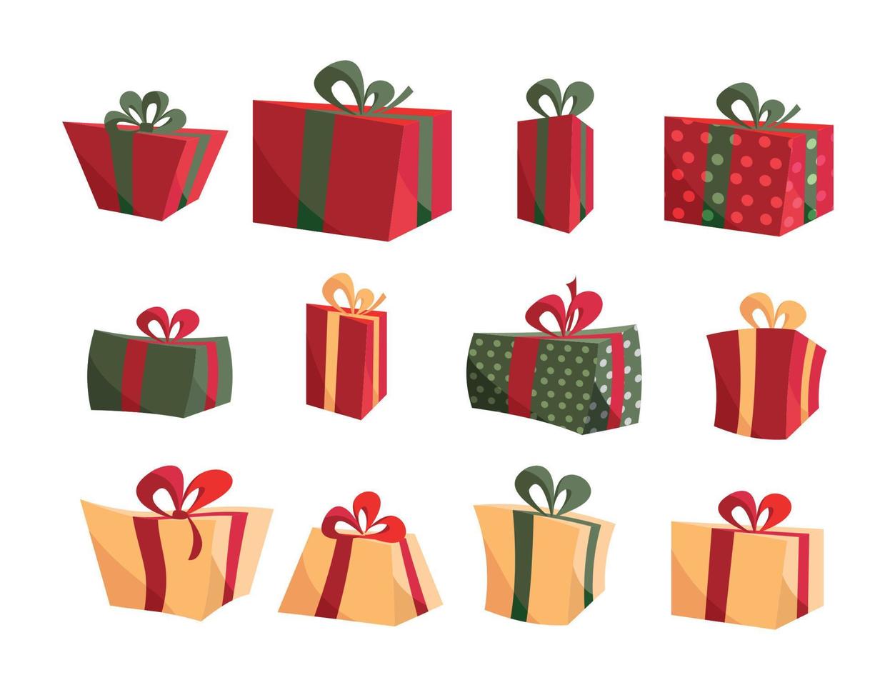 coloridas colecciones de cajas de regalo. conjunto de cajas presentes vector plano. feliz cumpleaños. Feliz Navidad. regalos con lazos y cintas. conjunto de cajas de regalo envueltas aisladas