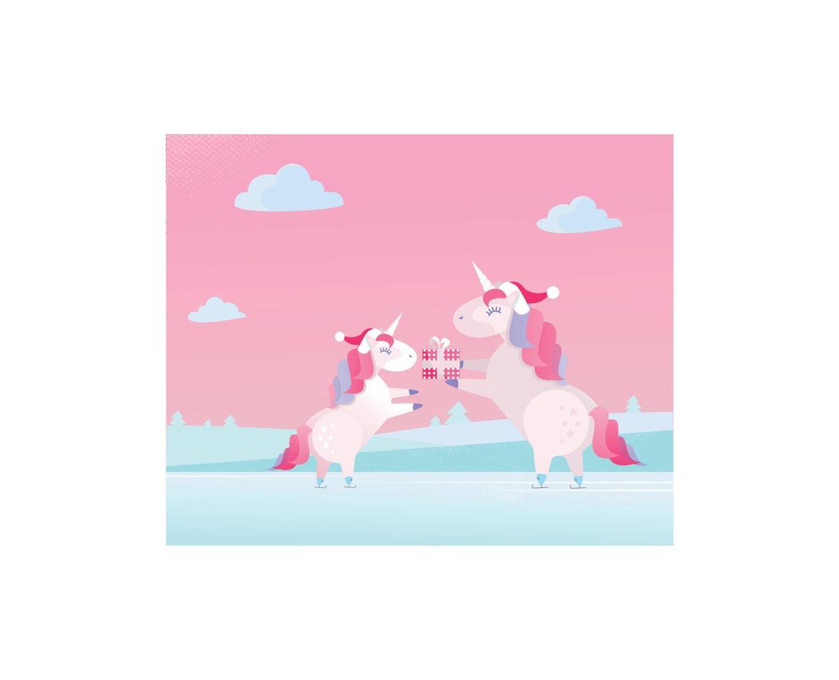 Christmas unicorn in Santa Claus cap gives present in festive box to small unicorn child. Two unicorns are skating. Gentle pink blue colors. Flat cartoon style illustration with textures and gradients vector