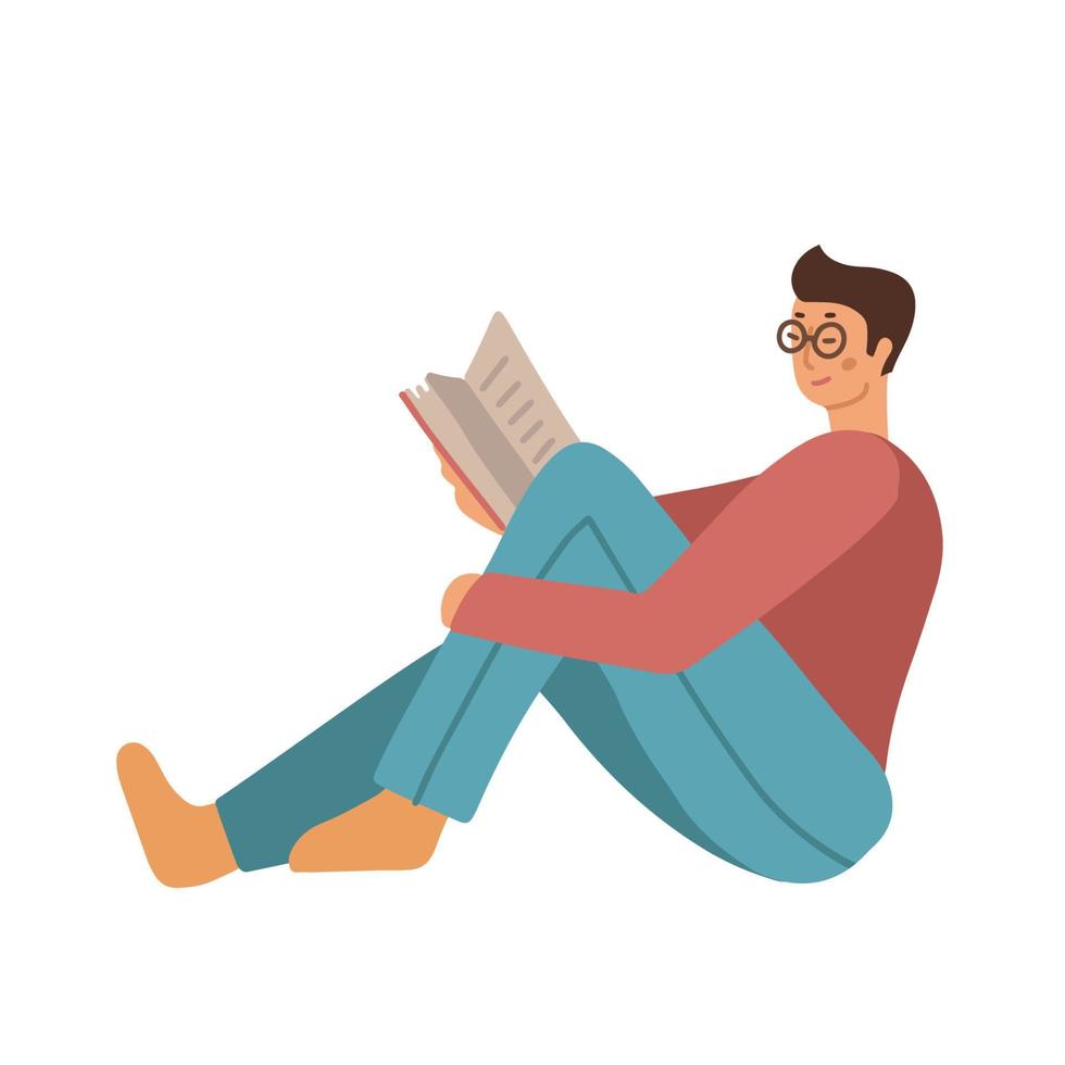 Teenage man in casual clothing and eyeglasses sitting at floor and reading book. Isolated flat vector illustration on white background. Education, library related design element