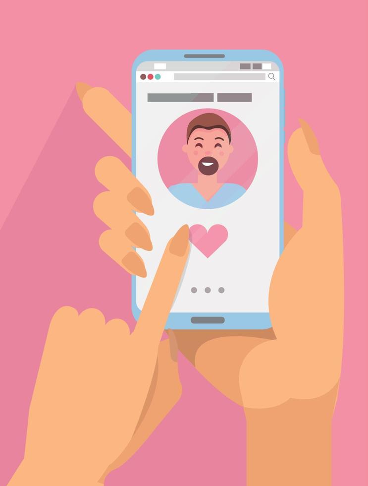 Female hands holding smartphone with cute dark hair man with beard on screen. Online dating concept. Finger presses heart button. Social app for searching for romantic partner. Flat cartoon vector
